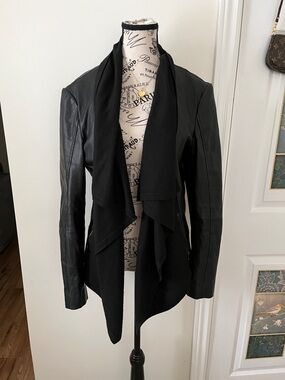 Guess Black Open-Front PLeather-Sleeve Draped Jacket